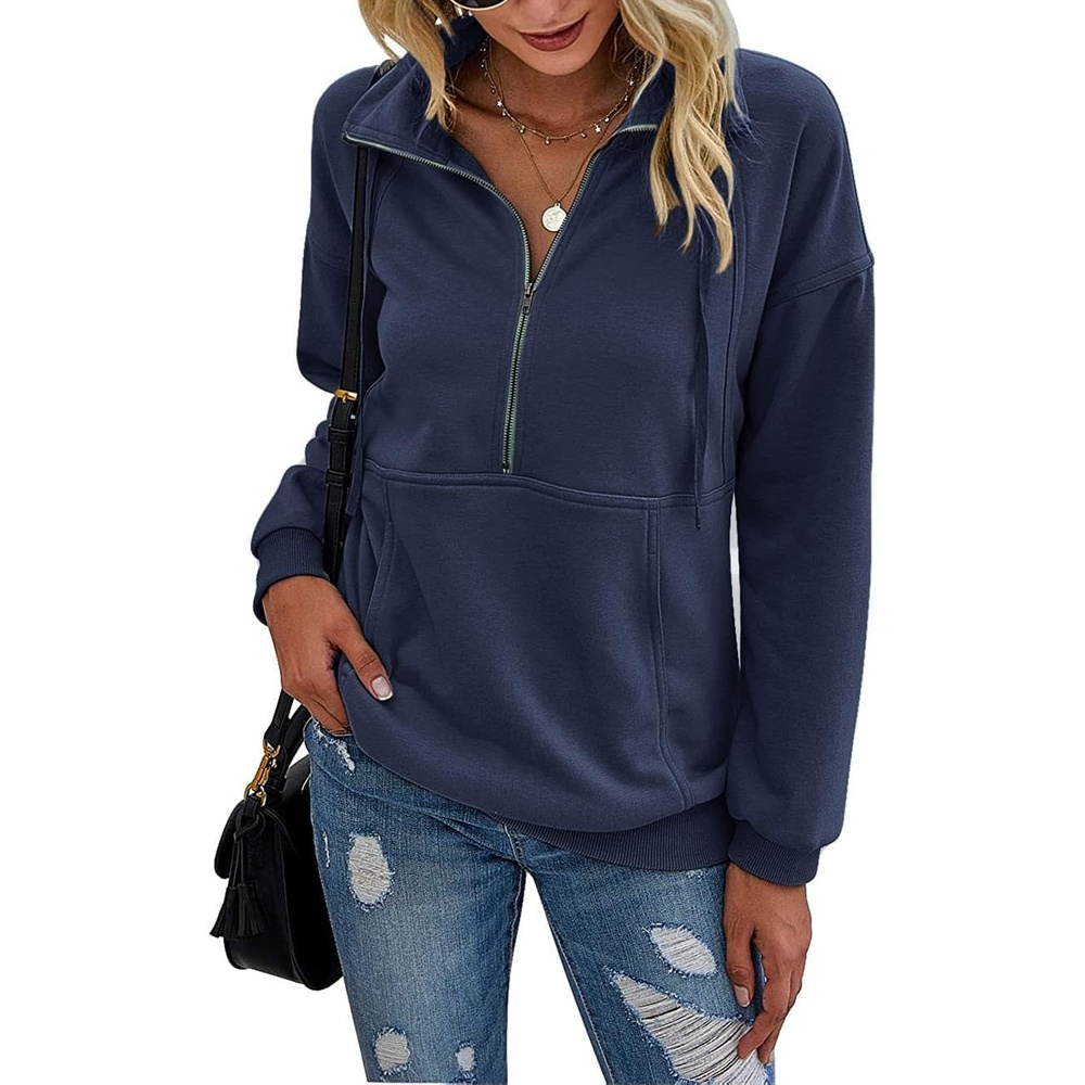 image:imagePRETTYGARDEN Womens Casual Long Sleeve Lapel Zipper Sweatshirt Drawstring Loose Pullover TopsNavy