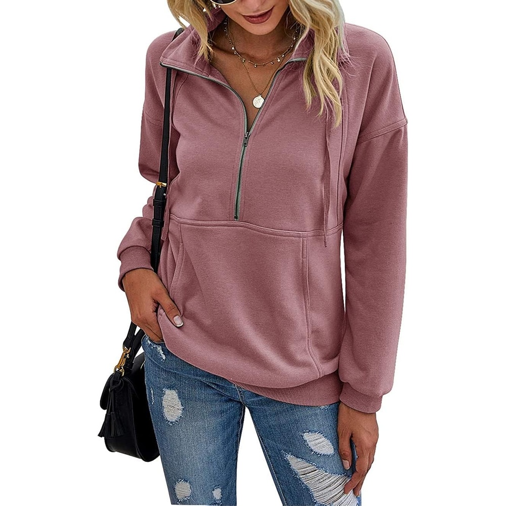 image:imagePRETTYGARDEN Womens Casual Long Sleeve Lapel Zipper Sweatshirt Drawstring Loose Pullover TopsPink