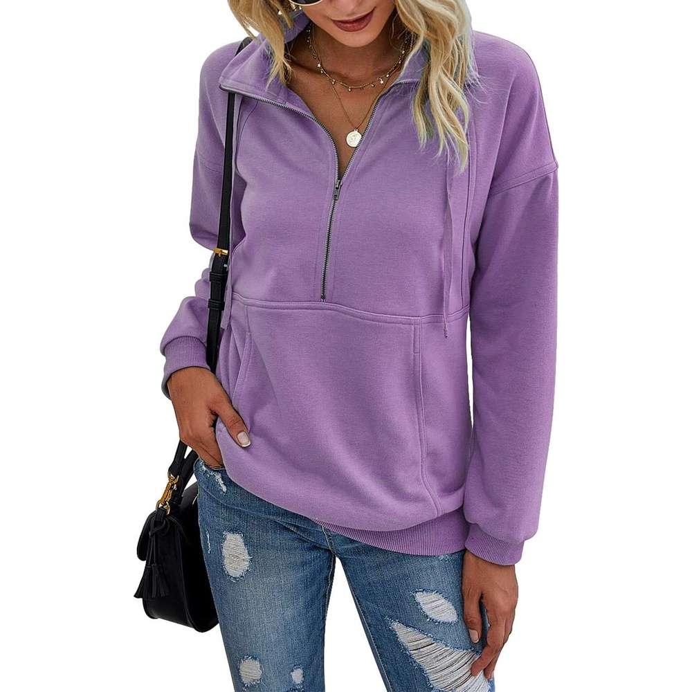 image:imagePRETTYGARDEN Womens Casual Long Sleeve Lapel Zipper Sweatshirt Drawstring Loose Pullover TopsPurple