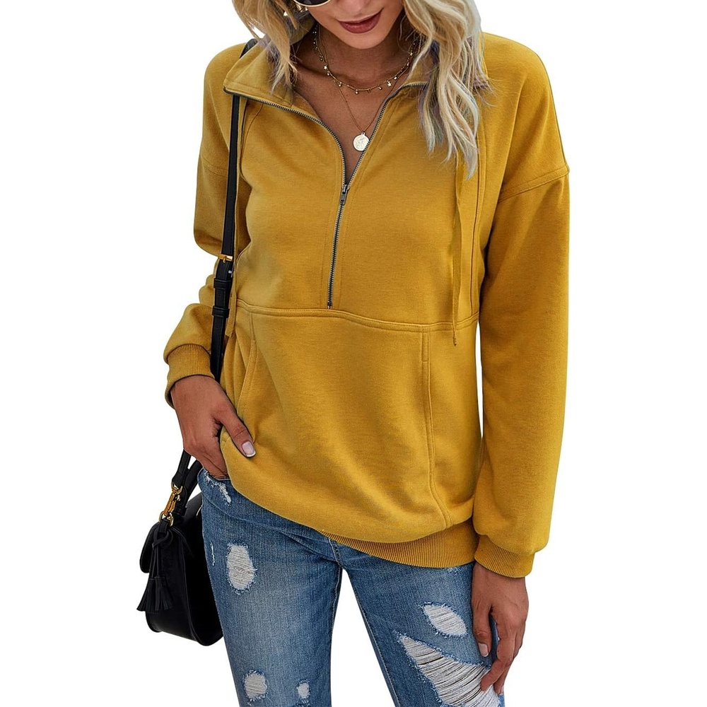 image:imagePRETTYGARDEN Womens Casual Long Sleeve Lapel Zipper Sweatshirt Drawstring Loose Pullover TopsYellow
