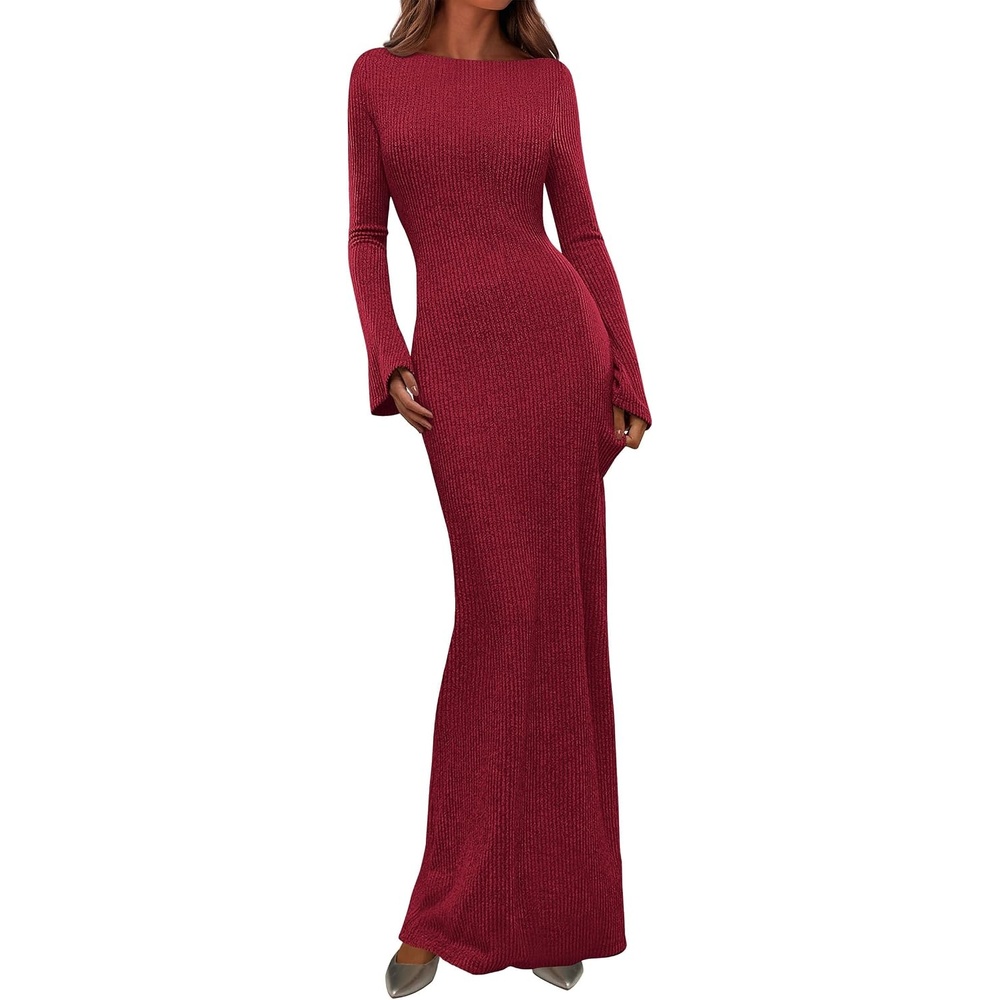 image:imagePRETTYGARDEN Womens Fall Fashion 2026 Long Sleeve Maxi Dress Ribbed Knit Boat Neck Bodycon Casual Dresses Going Out OutfitsRed
