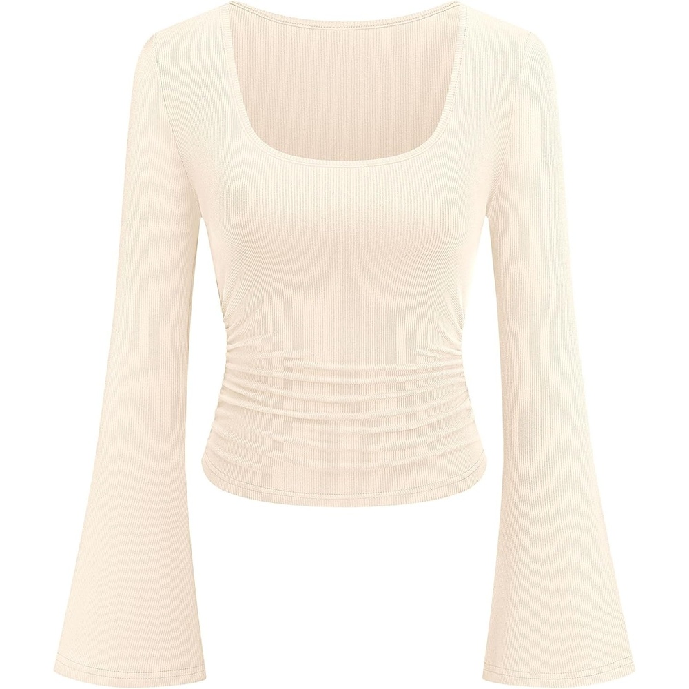 image:imagePRETTYGARDEN Womens Long Bell Sleeve Going Out Tops Fall Fashion 2026 Square Neck Ruched Ribbed Shirts Winter Y2K ClothesBeige