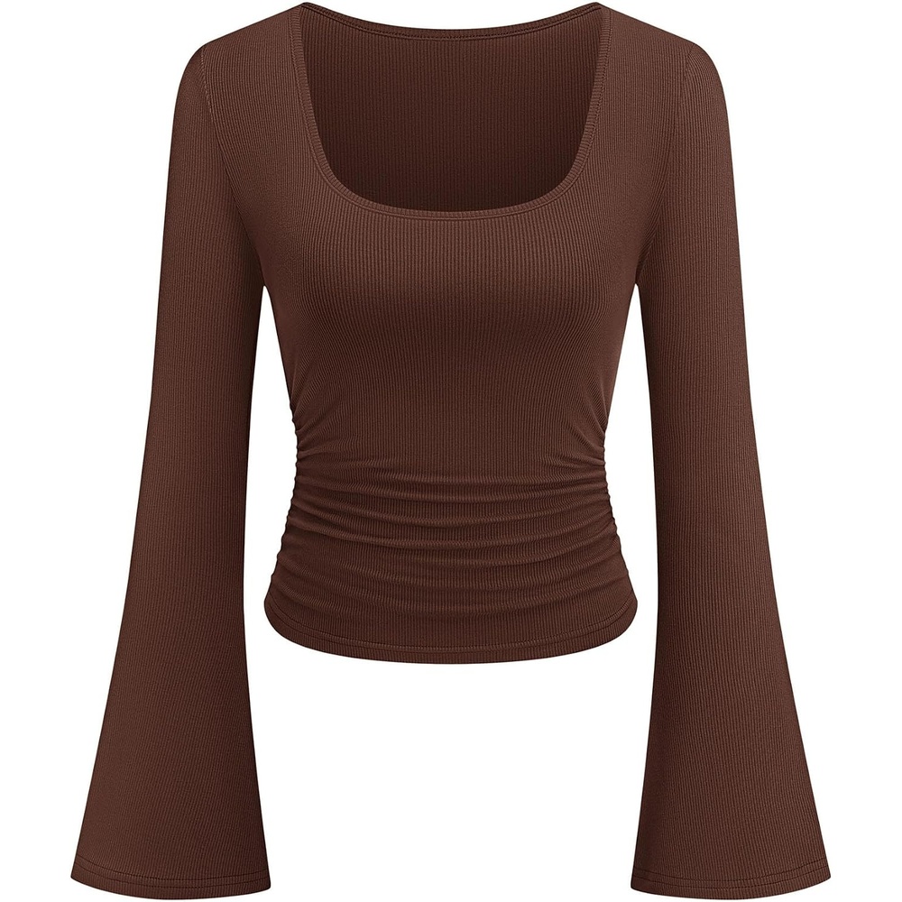 image:imagePRETTYGARDEN Womens Long Bell Sleeve Going Out Tops Fall Fashion 2026 Square Neck Ruched Ribbed Shirts Winter Y2K ClothesBrown