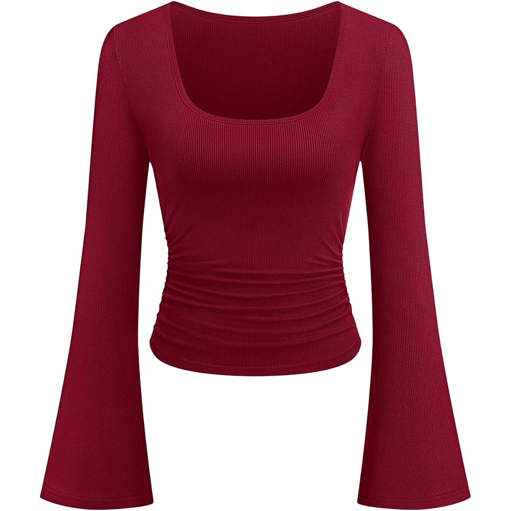 image:imagePRETTYGARDEN Womens Long Bell Sleeve Going Out Tops Fall Fashion 2026 Square Neck Ruched Ribbed Shirts Winter Y2K ClothesBurgundy