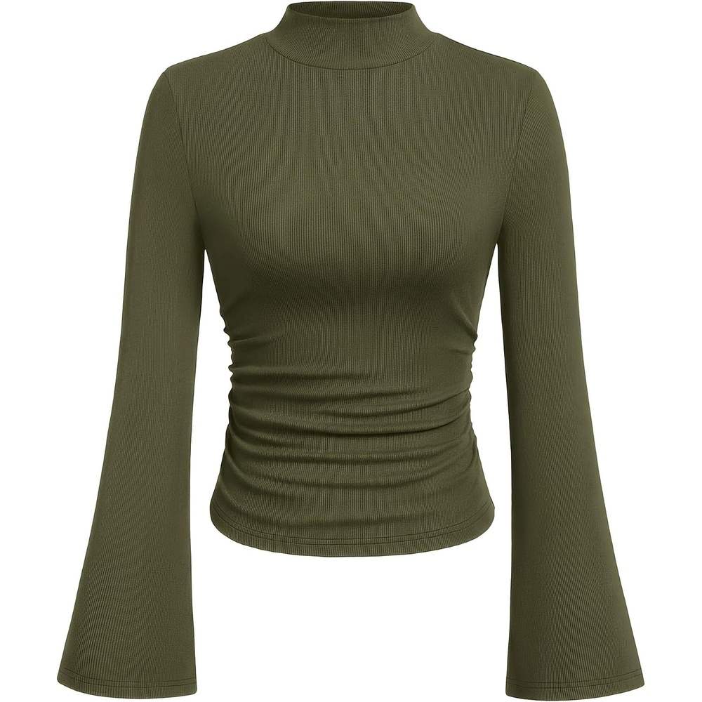 image:imagePRETTYGARDEN Womens Long Bell Sleeve Mock Neck Ribbed Tops Ribbed Flare Bell Sleeve Top Flattering Ruched Waist Y2K Clothes Dressy Casual Shirts Fall Winter Work Going Out OutfitsArmy Green