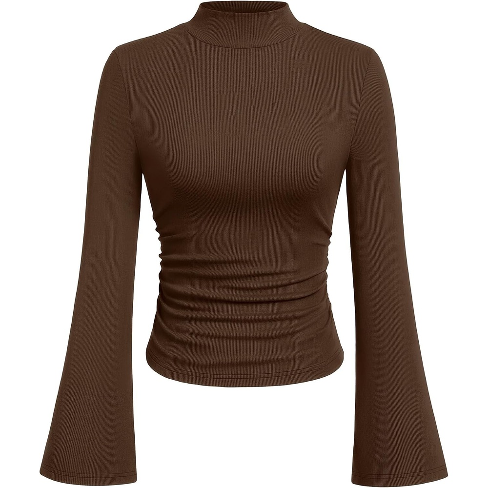 image:imagePRETTYGARDEN Womens Long Bell Sleeve Mock Neck Ribbed Tops Ribbed Flare Bell Sleeve Top Flattering Ruched Waist Y2K Clothes Dressy Casual Shirts Fall Winter Work Going Out OutfitsBrown