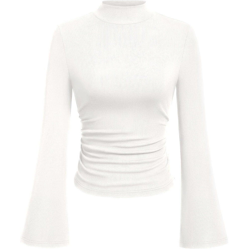image:imagePRETTYGARDEN Womens Long Bell Sleeve Mock Neck Ribbed Tops Ribbed Flare Bell Sleeve Top Flattering Ruched Waist Y2K Clothes Dressy Casual Shirts Fall Winter Work Going Out OutfitsWhite