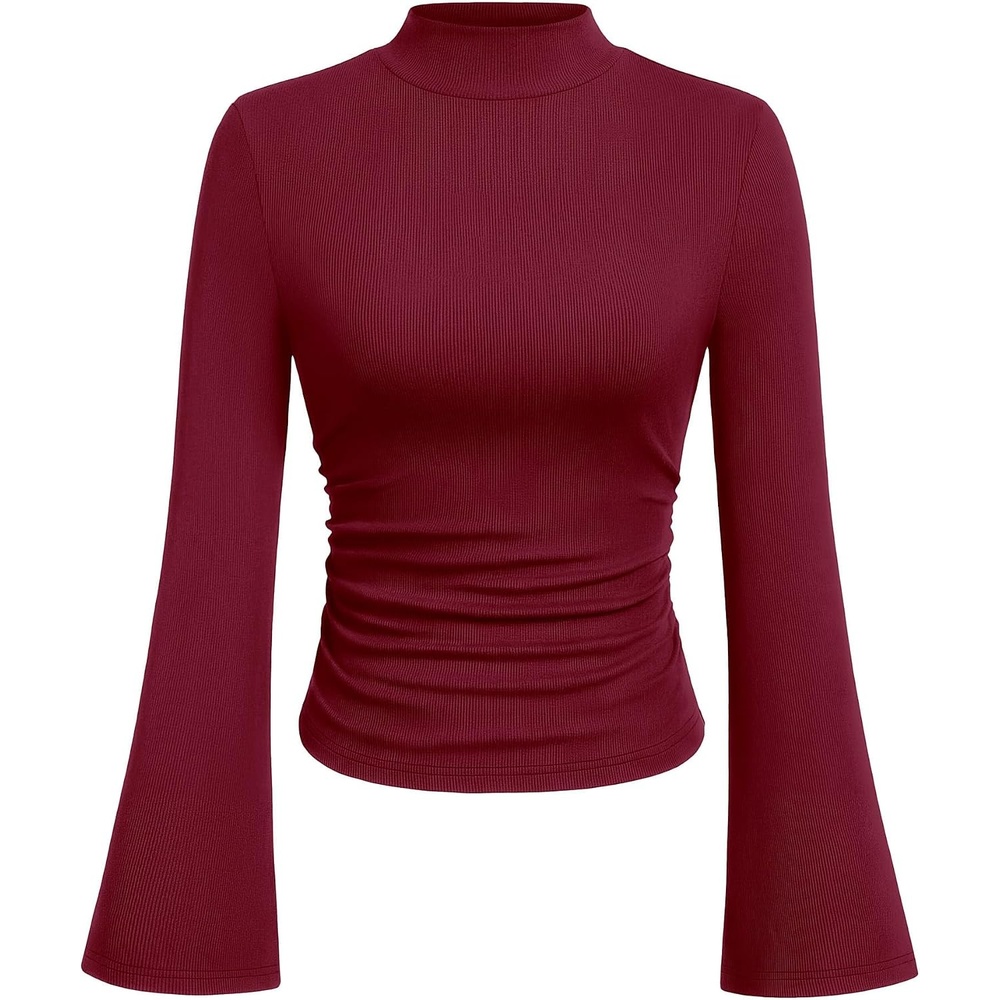 image:imagePRETTYGARDEN Womens Long Bell Sleeve Mock Neck Ribbed Tops Ribbed Flare Bell Sleeve Top Flattering Ruched Waist Y2K Clothes Dressy Casual Shirts Fall Winter Work Going Out OutfitsWine Red