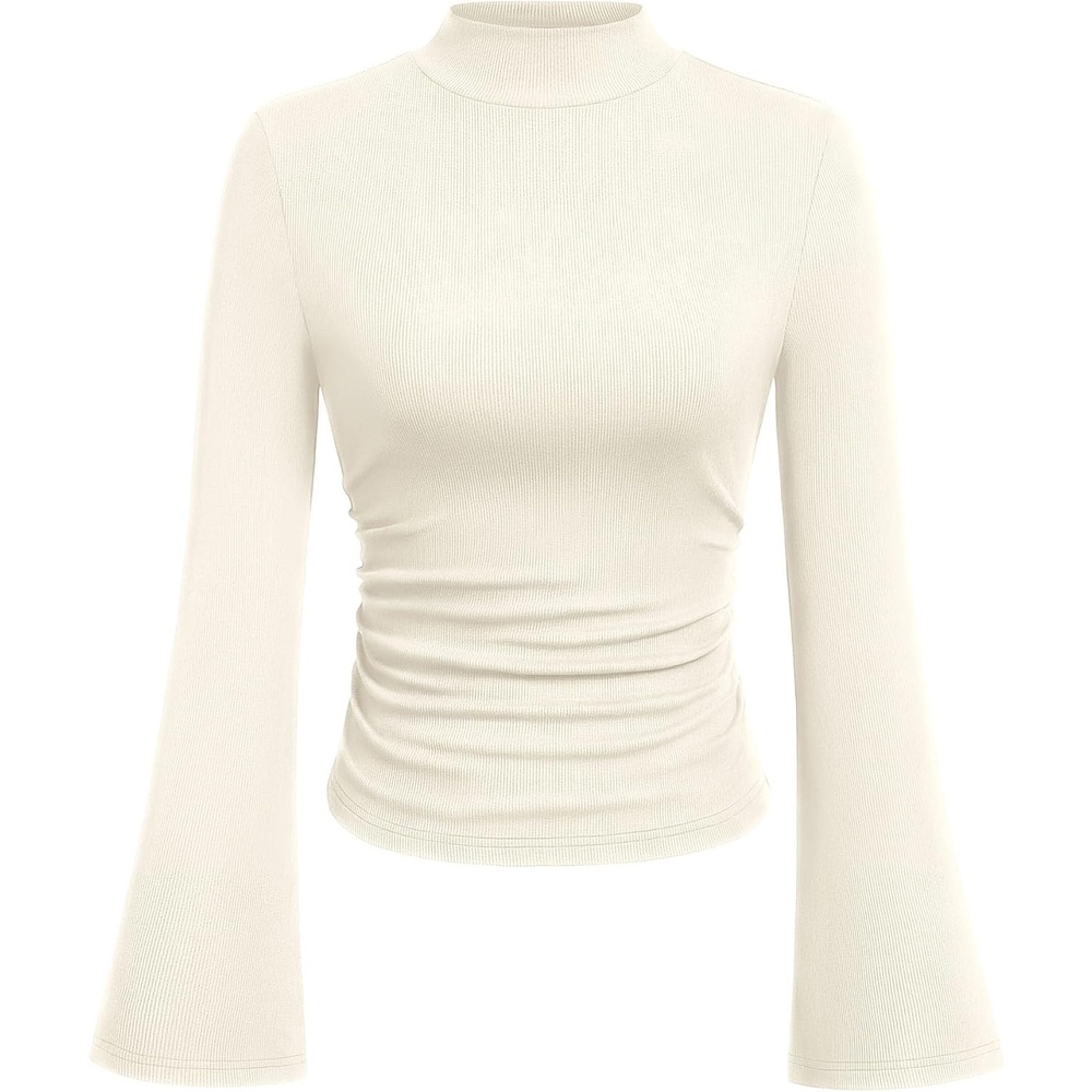 image:imagePRETTYGARDEN Womens Long Bell Sleeve Mock Neck Ribbed Tops Ribbed Flare Bell Sleeve Top Flattering Ruched Waist Y2K Clothes Dressy Casual Shirts Fall Winter Work Going Out OutfitsBeige