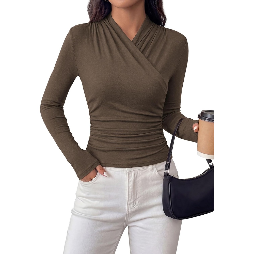 image:imagePRETTYGARDEN Womens Long Sleeve Shirts 2026 Fall V Neck Cross Wrap Going Out Top Ribbed Ruched Fitted Business Casual ClothesBrown