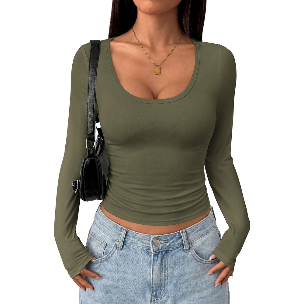 image:imagePRETTYGARDEN Womens Long Sleeve Tops 2026 Casual Scoop Neck Basic Tees Slim Fitted Tshirts Layer Knit Fall OutfitsArmy Green