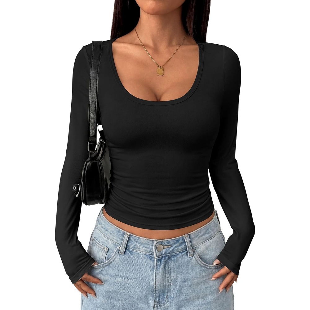 image:imagePRETTYGARDEN Womens Long Sleeve Tops 2026 Casual Scoop Neck Basic Tees Slim Fitted Tshirts Layer Knit Fall OutfitsBlack