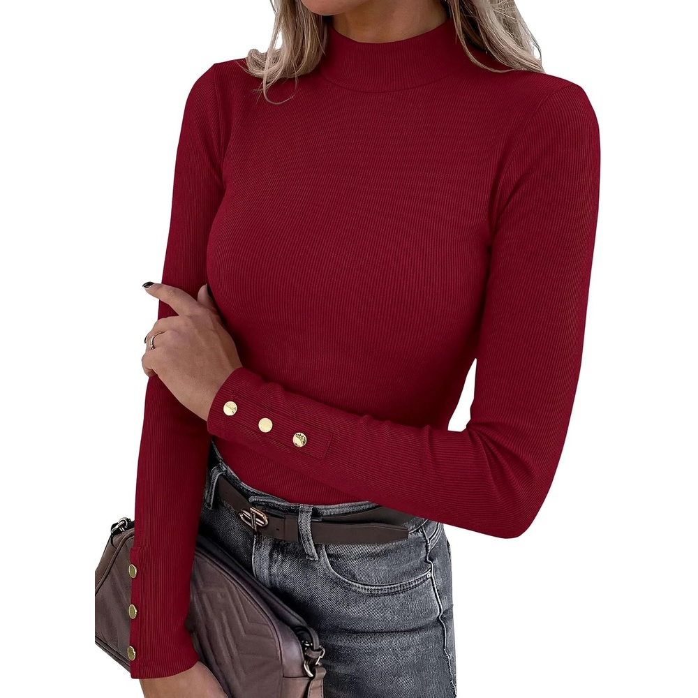 image:imagePRETTYGARDEN Womens Ribbed Mock Neck Long Sleeve Tops Slim Fitted TShirts Soft Stretch Decorative Buttons Going Out Work Casual Wear Fall Outfits Layering Winter ClothesBurgundy
