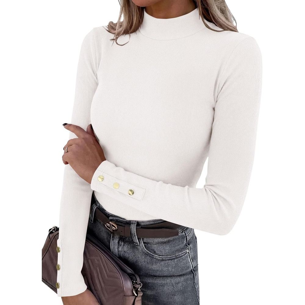 image:imagePRETTYGARDEN Womens Ribbed Mock Neck Long Sleeve Tops Slim Fitted TShirts Soft Stretch Decorative Buttons Going Out Work Casual Wear Fall Outfits Layering Winter ClothesWhite