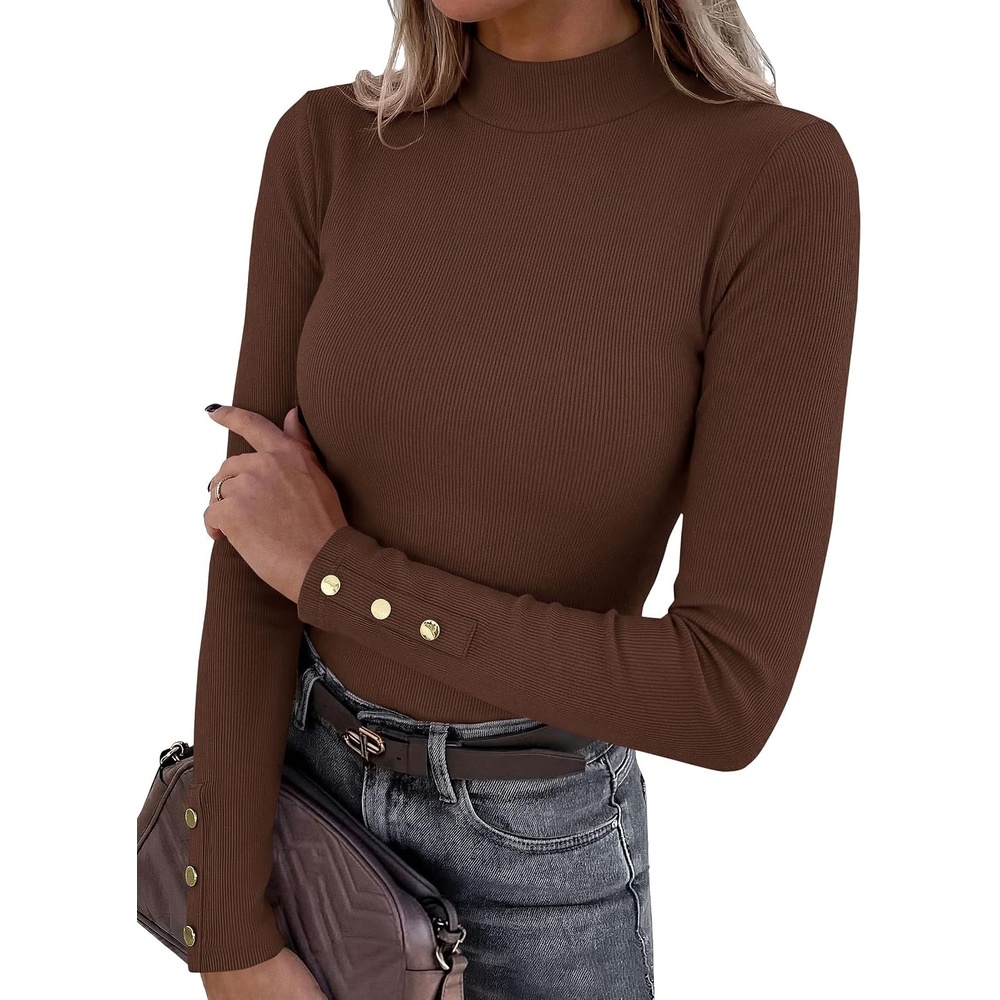 image:imagePRETTYGARDEN Womens Ribbed Mock Neck Long Sleeve Tops Slim Fitted TShirts Soft Stretch Decorative Buttons Going Out Work Casual Wear Fall Outfits Layering Winter ClothesBrown