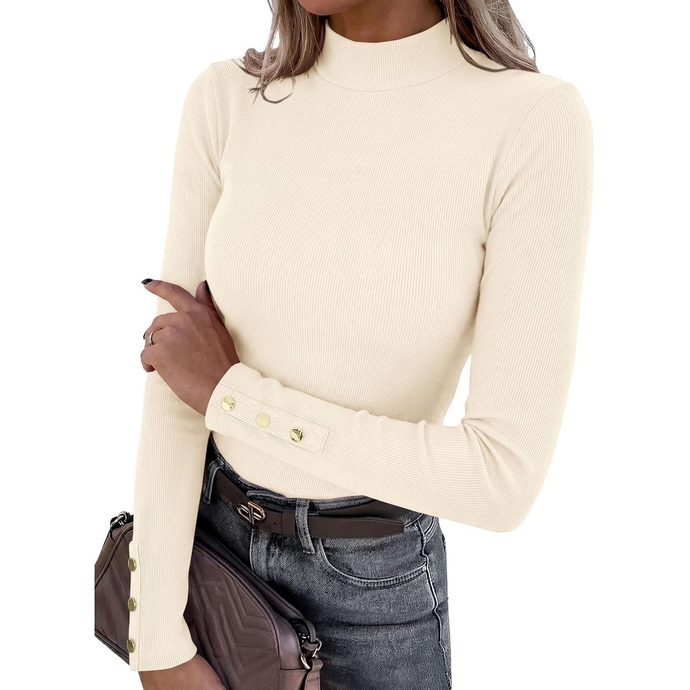 image:imagePRETTYGARDEN Womens Ribbed Mock Neck Long Sleeve Tops Slim Fitted TShirts Soft Stretch Decorative Buttons Going Out Work Casual Wear Fall Outfits Layering Winter ClothesBeige