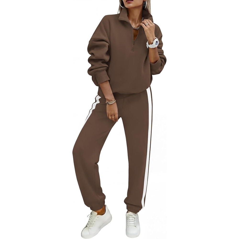 image:imagePRETTYGARDEN Womens Sweatsuits 2 Piece Outfits Fall Half Zip Sweatshirts Jogger Tracksuit Set Lounge Matching Travel OutfitsCoffee