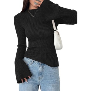 PRETTYGARDEN Sweaters for Women Lightweight Mock Neck Bell Long Sleeve Fitted Tops Ribbed Pullover 2026 Fall Fashion Clothing(Black)