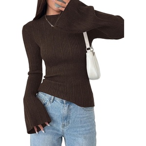 PRETTYGARDEN Sweaters for Women Lightweight Mock Neck Bell Long Sleeve Fitted Tops Ribbed Pullover 2026 Fall Fashion Clothing(Brown)
