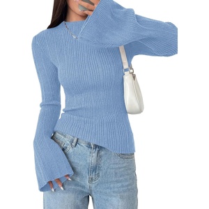 PRETTYGARDEN Sweaters for Women Lightweight Mock Neck Bell Long Sleeve Fitted Tops Ribbed Pullover 2026 Fall Fashion Clothing(Light Blue)