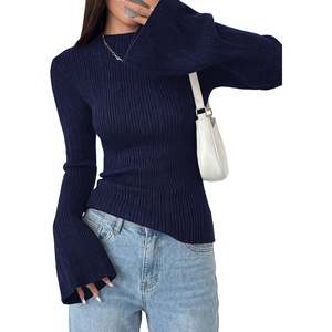 PRETTYGARDEN Sweaters for Women Lightweight Mock Neck Bell Long Sleeve Fitted Tops Ribbed Pullover 2026 Fall Fashion Clothing(Navy Blue)