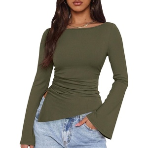 PRETTYGARDEN Women’s Bell Long Sleeve Shirts 2026 Fall Boat Neck Ruched Asymmetrical Going Out Tops Ribbed Y2K Clothes(Army Green)