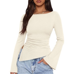 PRETTYGARDEN Women’s Bell Long Sleeve Shirts 2026 Fall Boat Neck Ruched Asymmetrical Going Out Tops Ribbed Y2K Clothes(Beige)