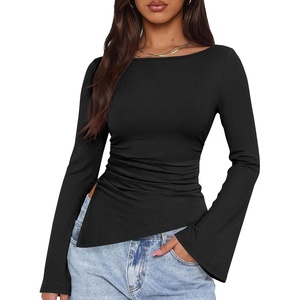 PRETTYGARDEN Women’s Bell Long Sleeve Shirts 2026 Fall Boat Neck Ruched Asymmetrical Going Out Tops Ribbed Y2K Clothes(Black)