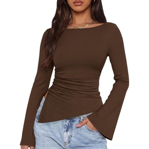 PRETTYGARDEN Women’s Bell Long Sleeve Shirts 2026 Fall Boat Neck Ruched Asymmetrical Going Out Tops Ribbed Y2K Clothes(Brown)