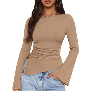 PRETTYGARDEN Women’s Bell Long Sleeve Shirts 2026 Fall Boat Neck Ruched Asymmetrical Going Out Tops Ribbed Y2K Clothes(Khaki)
