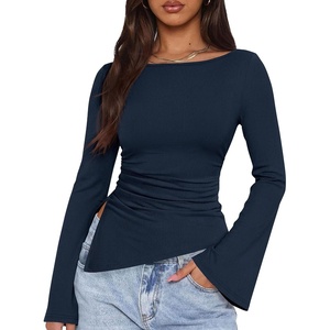 PRETTYGARDEN Women’s Bell Long Sleeve Shirts 2026 Fall Boat Neck Ruched Asymmetrical Going Out Tops Ribbed Y2K Clothes(Navy)