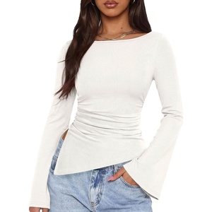 PRETTYGARDEN Women’s Bell Long Sleeve Shirts 2026 Fall Boat Neck Ruched Asymmetrical Going Out Tops Ribbed Y2K Clothes(White)