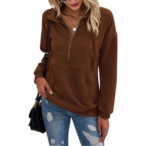 PRETTYGARDEN Women’s Casual Long Sleeve Lapel Zipper Sweatshirt Drawstring Loose Pullover Tops(Brown)