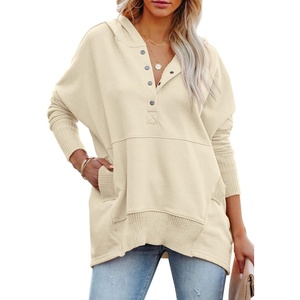 PRETTYGARDEN Women’s Casual Long Sleeve Lapel Zipper Sweatshirt Drawstring Loose Pullover Tops(Button Apricot)