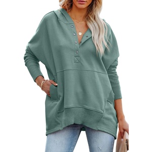 PRETTYGARDEN Women’s Casual Long Sleeve Lapel Zipper Sweatshirt Drawstring Loose Pullover Tops(Button Bean Green)