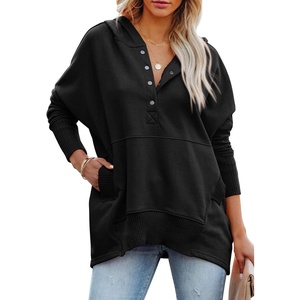 PRETTYGARDEN Women’s Casual Long Sleeve Lapel Zipper Sweatshirt Drawstring Loose Pullover Tops(Button Black)
