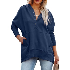 PRETTYGARDEN Women’s Casual Long Sleeve Lapel Zipper Sweatshirt Drawstring Loose Pullover Tops(Button Dark Blue)