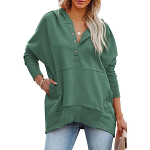 PRETTYGARDEN Women’s Casual Long Sleeve Lapel Zipper Sweatshirt Drawstring Loose Pullover Tops(Button Green)