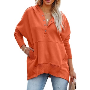 PRETTYGARDEN Women’s Casual Long Sleeve Lapel Zipper Sweatshirt Drawstring Loose Pullover Tops(Button Orange)