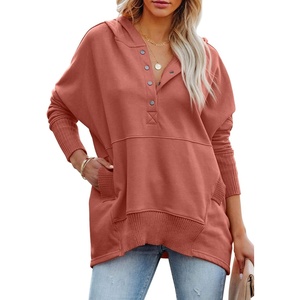 PRETTYGARDEN Women’s Casual Long Sleeve Lapel Zipper Sweatshirt Drawstring Loose Pullover Tops(Button Orange Pink)