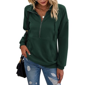PRETTYGARDEN Women’s Casual Long Sleeve Lapel Zipper Sweatshirt Drawstring Loose Pullover Tops(Dark Green)