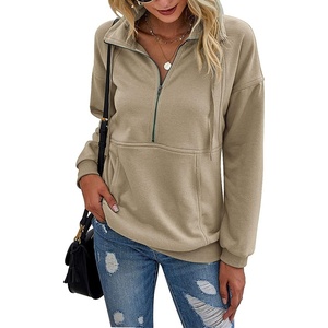 PRETTYGARDEN Women’s Casual Long Sleeve Lapel Zipper Sweatshirt Drawstring Loose Pullover Tops(Khaki)