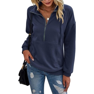 PRETTYGARDEN Women’s Casual Long Sleeve Lapel Zipper Sweatshirt Drawstring Loose Pullover Tops(Navy)