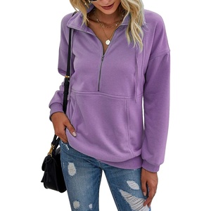 PRETTYGARDEN Women’s Casual Long Sleeve Lapel Zipper Sweatshirt Drawstring Loose Pullover Tops(Purple)