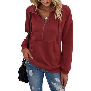 PRETTYGARDEN Women’s Casual Long Sleeve Lapel Zipper Sweatshirt Drawstring Loose Pullover Tops(Wine Red)