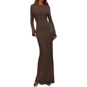 PRETTYGARDEN Women’s Fall Fashion 2026 Long Sleeve Maxi Dress Ribbed Knit Boat Neck Bodycon Casual Dresses Going Out Outfits(Dark Brown)