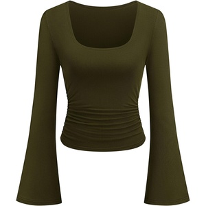 PRETTYGARDEN Womens Long Bell Sleeve Going Out Tops Fall Fashion 2026 Square Neck Ruched Ribbed Shirts Winter Y2K Clothes(Army Green)