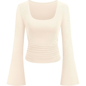 PRETTYGARDEN Womens Long Bell Sleeve Going Out Tops Fall Fashion 2026 Square Neck Ruched Ribbed Shirts Winter Y2K Clothes(Beige)