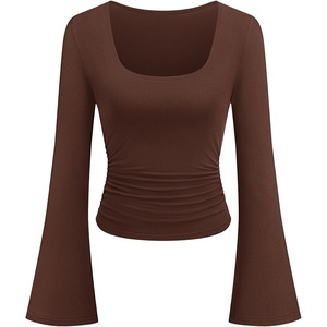 PRETTYGARDEN Womens Long Bell Sleeve Going Out Tops Fall Fashion 2026 Square Neck Ruched Ribbed Shirts Winter Y2K Clothes(Brown)