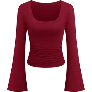 PRETTYGARDEN Womens Long Bell Sleeve Going Out Tops Fall Fashion 2026 Square Neck Ruched Ribbed Shirts Winter Y2K Clothes(Burgundy)